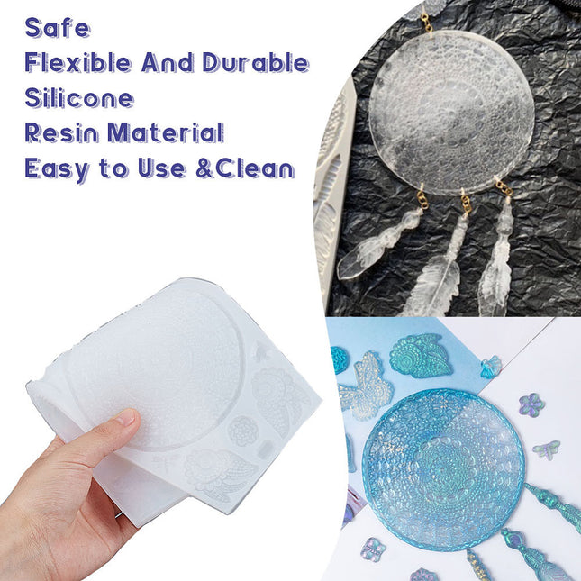 Silicone Mold Dream Catcher DIY Pendant Making Set – Woven Net/Web Mold with Screw Eye Pins, Jump Rings, Pipettes & Finger Cots, White