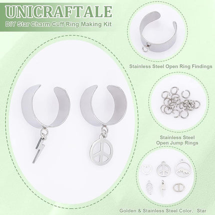 DIY Charm Cuff Ring Making Kit – Stainless Steel Open Ring Bases with Mountain, Peace Sign, Heart & Leaf Charms