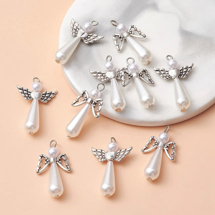 Acrylic Imitation Pearl with Alloy Pendants, with Stainless Steel Color Tone 304 Stainless Steel Loops, Angel Charm, Antique Silver