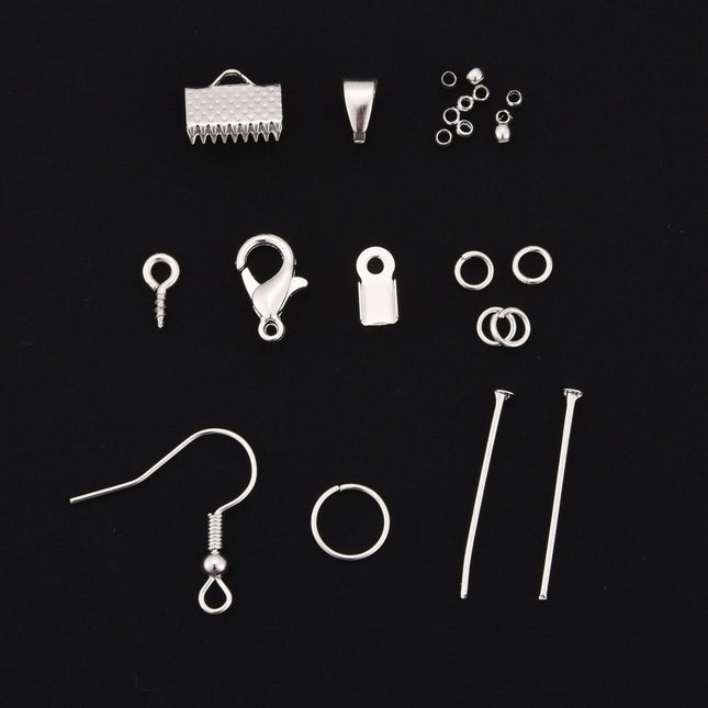 DIY Jewelry Making Kit – Silver‑Plated Brass Crimp Beads, Iron Findings & Tools (Complete Starter Box)