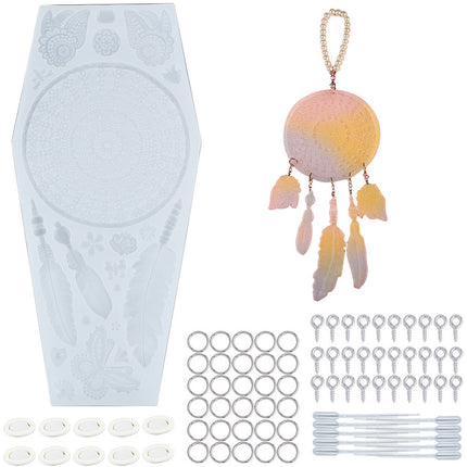 Silicone Mold Dream Catcher DIY Pendant Making Set – Woven Net/Web Mold with Screw Eye Pins, Jump Rings, Pipettes & Finger Cots, White