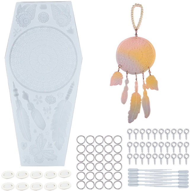 Silicone Mold Dream Catcher DIY Pendant Making Set – Woven Net/Web Mold with Screw Eye Pins, Jump Rings, Pipettes & Finger Cots, White
