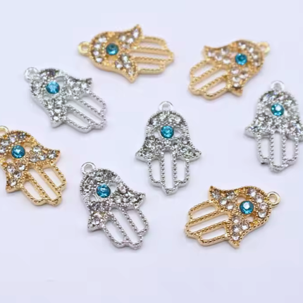 Silver Alloy Hamsa Hand Charm – Crystal & Blue Eye Pendant for DIY Jewelry (2.5cm)