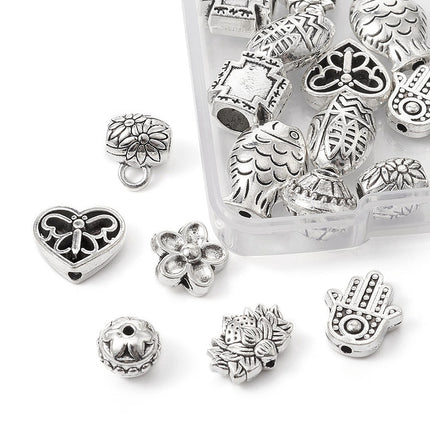 DIY Jewelry Making Finding Kit – 20‑Piece Mixed Alloy Beads & European Beads Set, Bicone, Lotus, Fish, Butterfly & Hamsa Hand, Antique Silver