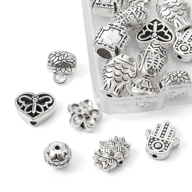 DIY Jewelry Making Finding Kit – 20‑Piece Mixed Alloy Beads & European Beads Set, Bicone, Lotus, Fish, Butterfly & Hamsa Hand, Antique Silver