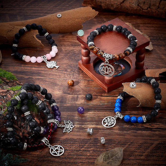 DIY Yoga Bracelet Kit – Mixed Gemstone Round Beads with Tree of Life, Star, Lotus & Hamsa Pendants