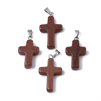 Synthetic Goldstone Cross Pendants – Dyed Stone with Platinum‑Plated Brass Pinch Bails, 26–30mm (2‑Piece Set)