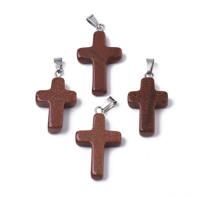 Synthetic Goldstone Cross Pendants – Dyed Stone with Platinum‑Plated Brass Pinch Bails, 26–30mm (2‑Piece Set)