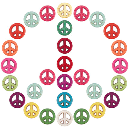 Peace Sign Synthetic Turquoise Beads – 15mm Mixed‑Color Flat Round Beads, 20pcs