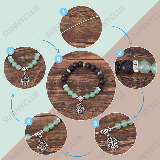 DIY Yoga Bracelet Kit – Mixed Gemstone Round Beads with Tree of Life, Star, Lotus & Hamsa Pendants