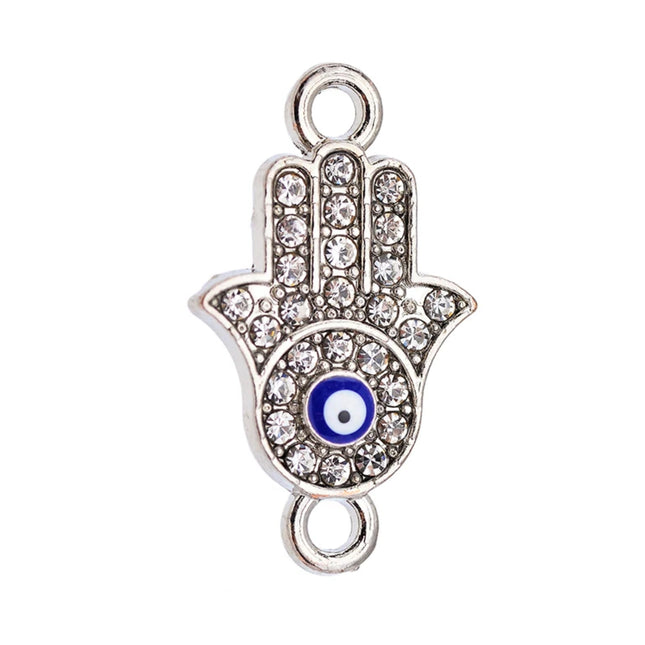Hamsa Evil Eye Connector Charms – Silver Enamel Hand Pendants with Diamante (Pack of 5)