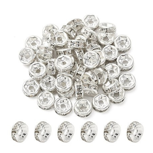 Grade A Silver Brass Rhinestone Spacer Beads – 6x3mm Rondelle with Crystal Shine