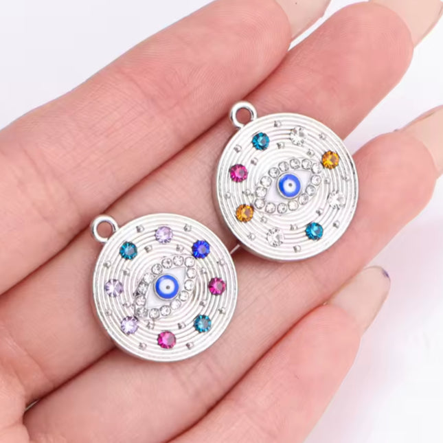 Boho Evil Eye Pendant – 20.5mm Zinc Alloy Charm with Colorful Gems for DIY Jewelry & Keychains