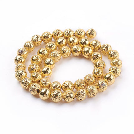 Golden Electroplated Lava Rock Bead Strands – Natural Round Beads, 8mm, Jewelry Making