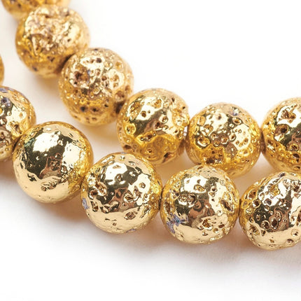 Golden Electroplated Lava Rock Bead Strands – Natural Round Beads, 8mm, Jewelry Making