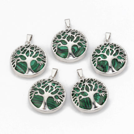 Synthetic Malachite Tree of Life Pendants – Flat Round with Brass Findings, Dyed Green, Platinum Finish