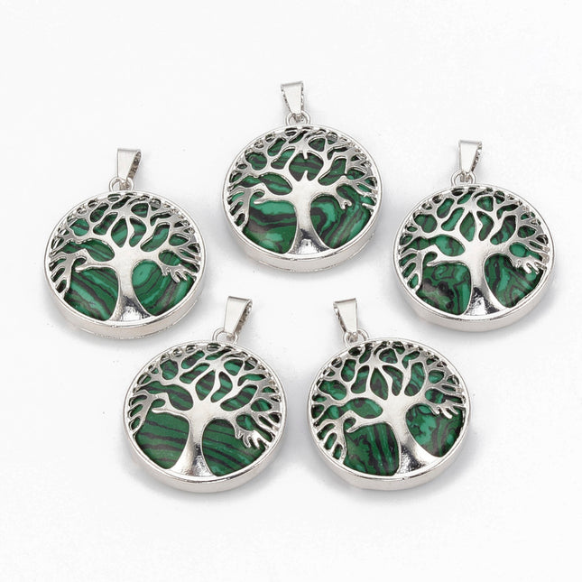 Synthetic Malachite Tree of Life Pendants – Flat Round with Brass Findings, Dyed Green, Platinum Finish