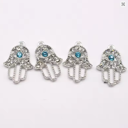 Silver Alloy Hamsa Hand Charm – Crystal & Blue Eye Pendant for DIY Jewelry (2.5cm)