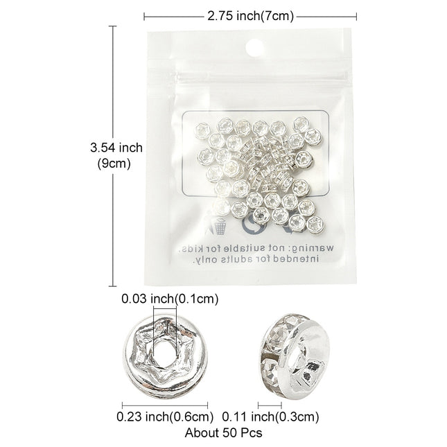 Brass Rhinestone Spacer Beads – Grade A Rondelle with Straight Flange, Crystal Silver Finish