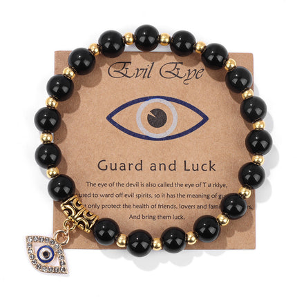Natural Black Stone Bead Bracelet – Stretch Bracelet with Alloy Micro‑Pavé CZ Evil Eye Charm