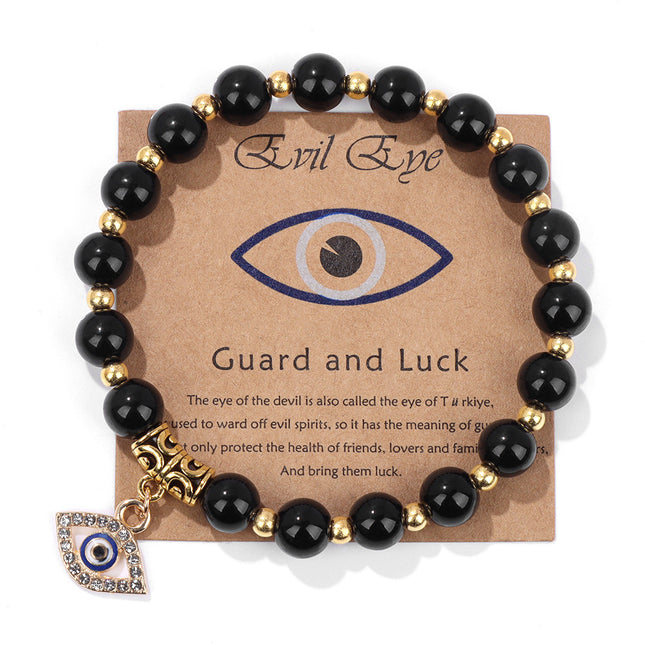 Natural Black Stone Bead Bracelet – Stretch Bracelet with Alloy Micro‑Pavé CZ Evil Eye Charm