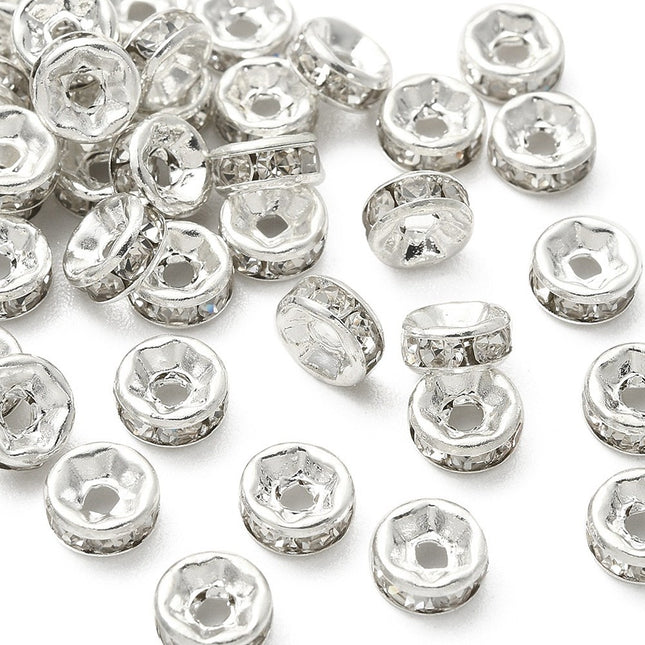 Brass Rhinestone Spacer Beads – Grade A Rondelle with Straight Flange, Crystal Silver Finish