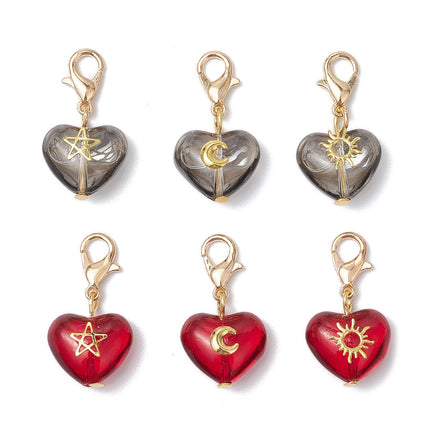 Heart Glass Pendant with Star, Moon & Sun Charms – Mixed Color, 27 mm with Alloy Lobster Clasp