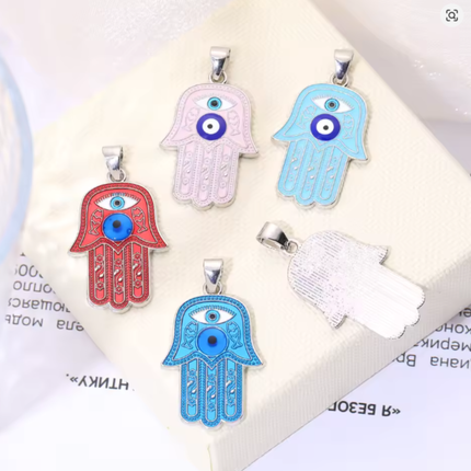 Enamel Hamsa Hand Pendant – Fatima Eye Charm, Rhodium‑Plated Zinc Alloy, Blue Protective Amulet, 35.8×23.2mm