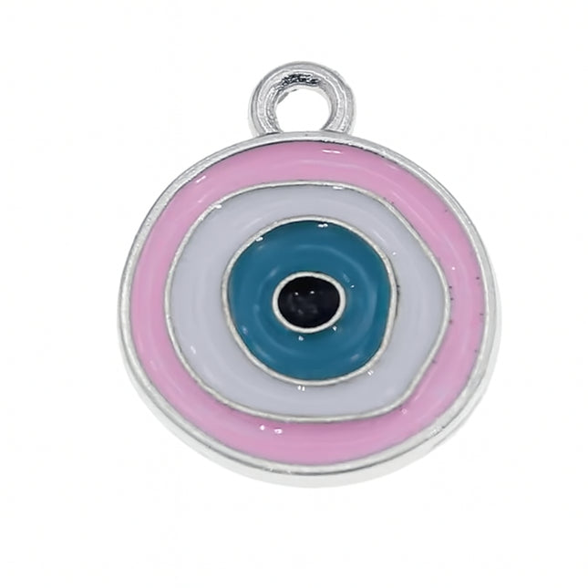 Evil Eye Charms – Silver Zinc Alloy Coins (23×20mm) | Blue & Pink Rings for DIY Jewelry
