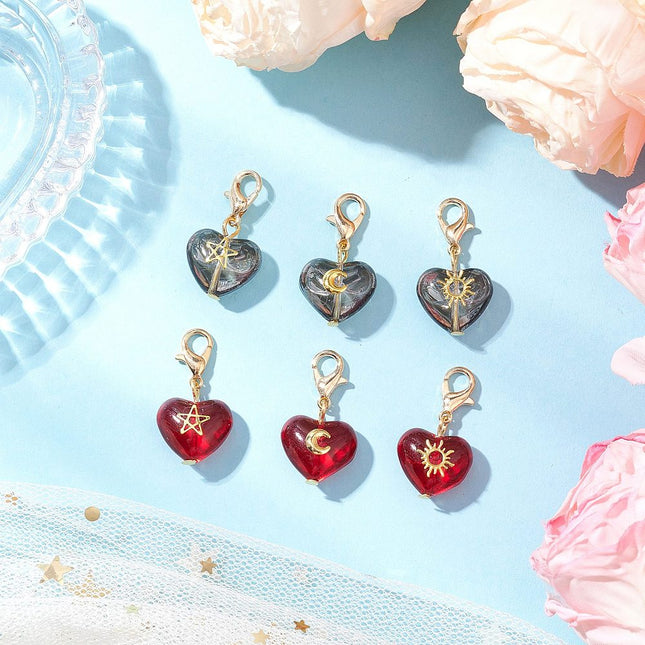 Heart Glass Pendant with Star, Moon & Sun Charms – Mixed Color, 27 mm with Alloy Lobster Clasp