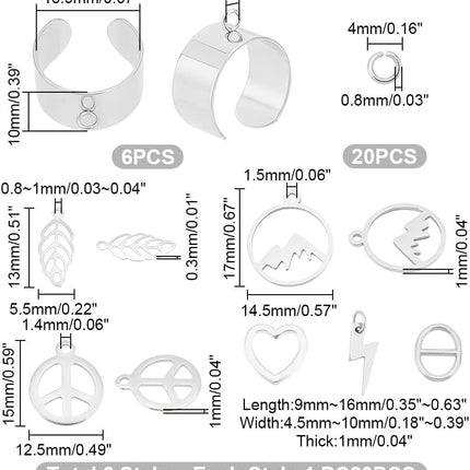 DIY Charm Cuff Ring Making Kit – Stainless Steel Open Ring Bases with Mountain, Peace Sign, Heart & Leaf Charms