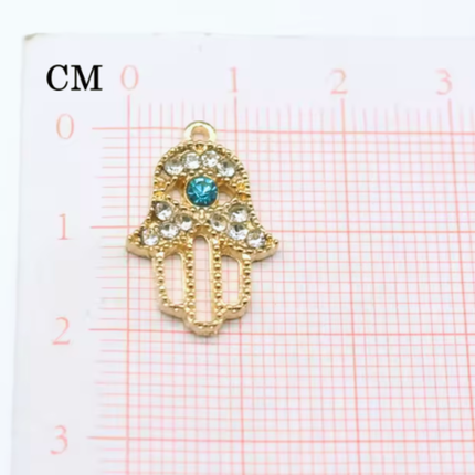 Silver Alloy Hamsa Hand Charm – Crystal & Blue Eye Pendant for DIY Jewelry (2.5cm)