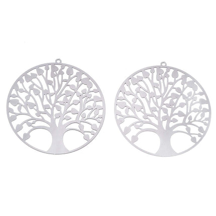 Non‑Tarnish 201 Stainless Steel Filigree Pendants – Tree of Life, Flat Round, 47×45mm, 2pcs