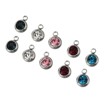 20pcs 303 Stainless Steel Rhinestone Charms – Flat Round Birthstone Necklace Charms, Mixed Colors