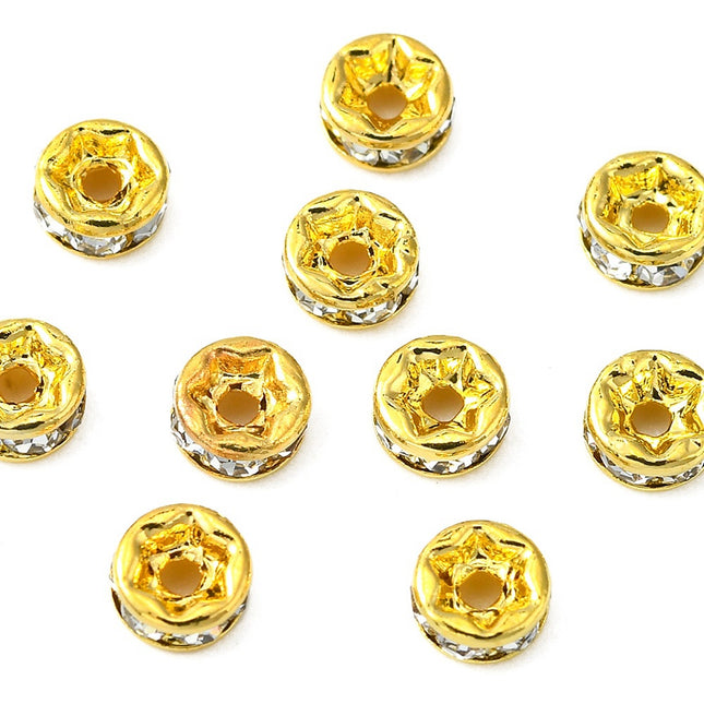Brass Rhinestone Spacer Beads – Grade A Rondelle with Straight Flange, Crystal Golden Finish