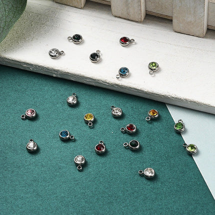 20pcs 303 Stainless Steel Rhinestone Charms – Flat Round Birthstone Necklace Charms, Mixed Colors