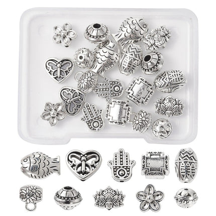 DIY Jewelry Making Finding Kit – 20‑Piece Mixed Alloy Beads & European Beads Set, Bicone, Lotus, Fish, Butterfly & Hamsa Hand, Antique Silver