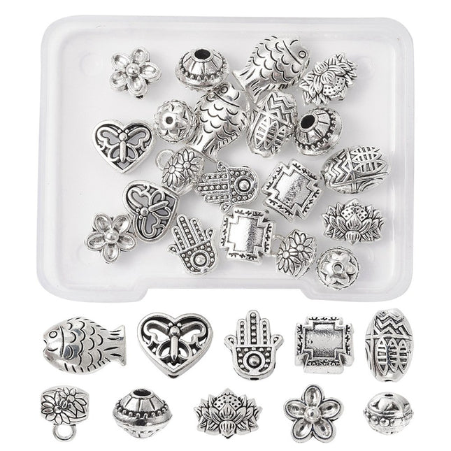 DIY Jewelry Making Finding Kit – 20‑Piece Mixed Alloy Beads & European Beads Set, Bicone, Lotus, Fish, Butterfly & Hamsa Hand, Antique Silver