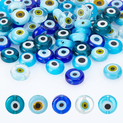 60pcs Mixed Color Evil Eye Lampwork Beads – 8mm Flat Round Disc, Handmade Glass, 5 Colors