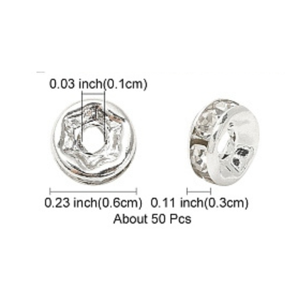 Grade A Silver Brass Rhinestone Spacer Beads – 6x3mm Rondelle with Crystal Shine