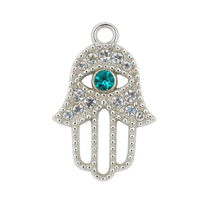 Silver Alloy Hamsa Hand Charm – Crystal & Blue Eye Pendant for DIY Jewelry (2.5cm)