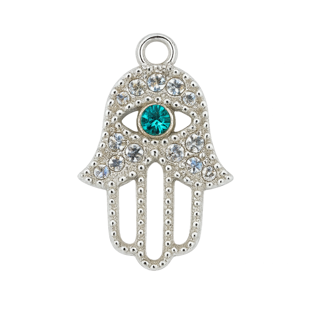 Silver Alloy Hamsa Hand Charm – Crystal & Blue Eye Pendant for DIY Jewelry (2.5cm)