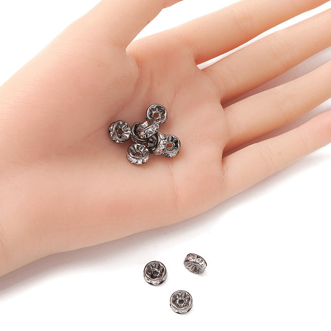 Brass Rhinestone Spacer Beads – Grade A Rondelle with Straight Flange, Crystal Gunmetal Finish