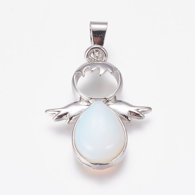 Opalite Angel Pendants – Angel Shape with Brass Finding, Platinum Finish