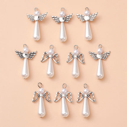 Acrylic Imitation Pearl with Alloy Pendants, with Stainless Steel Color Tone 304 Stainless Steel Loops, Angel Charm, Antique Silver