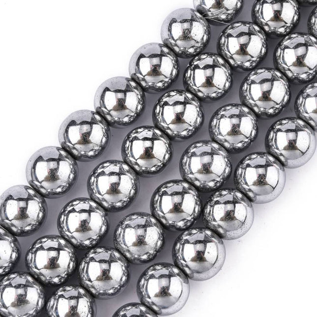 Non‑Magnetic Synthetic Hematite Beads Strand – Grade A Round Platinum Plated 10mm