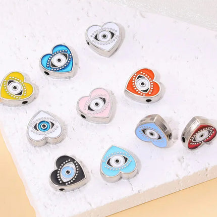 Boho Evil Eye Heart Shaped Spacer Beads – 12mm Zinc Alloy Enamel Charms (Pack of 10)