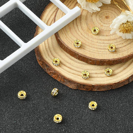 Brass Rhinestone Spacer Beads – Grade A Rondelle with Straight Flange, Crystal Golden Finish