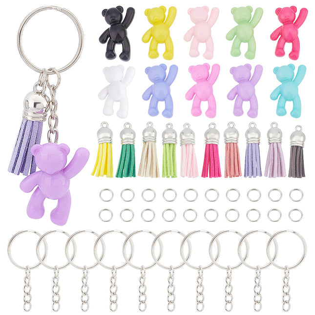Acrylic Bear Keychain Making Kit – Mixed Colours with Faux Suede Tassels & Iron Findings (Box Set)