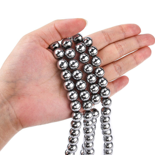Non‑Magnetic Synthetic Hematite Beads Strand – Grade A Round Platinum Plated 10mm